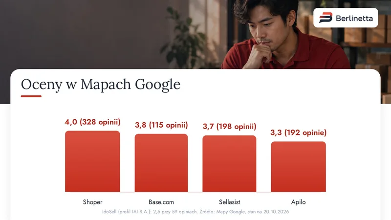 Infografika: oceny Shoper, Base.com, Sellasist i Apilo w Mapach Google z liczbą opinii, stan na 20 października 2026