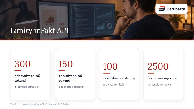 Limity inFakt API: 300 odczytów i 150 zapisów na 60 sekund z jednego adresu IP, 100 rekordów na stronę i 2500 faktur w sandboxie