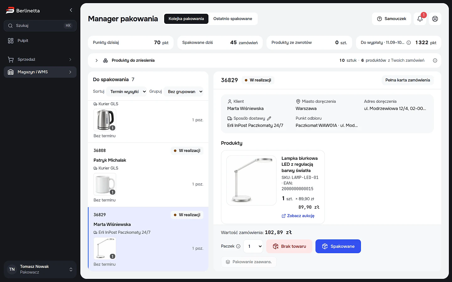 Manager pakowania w Berlinettcie: punkty i spakowane dziś, kolejka zamówień, pozycja do zeskanowania oraz przyciski Brak towaru i Spakowane.